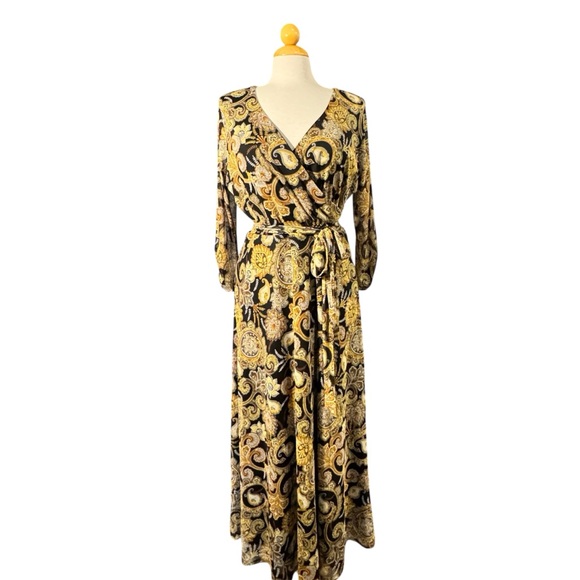 Harlow & Rose Dresses & Skirts - Black & Gold Paisley Faux Wrap Maxi Dress